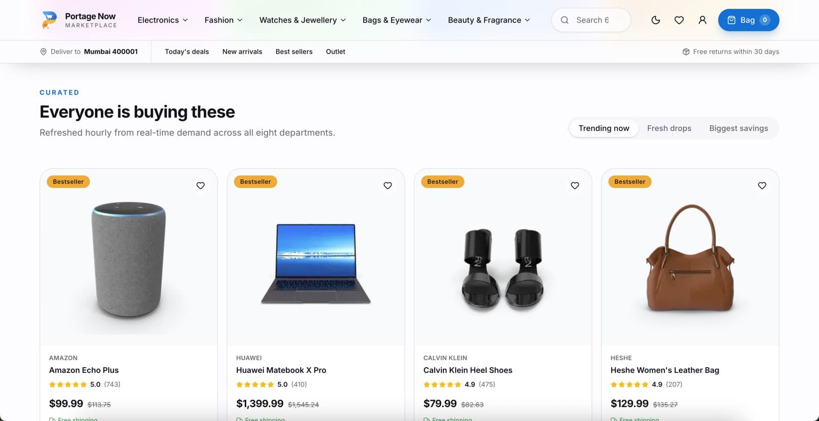 Buildframe Ecommerce web storefront with departments, search and product grid